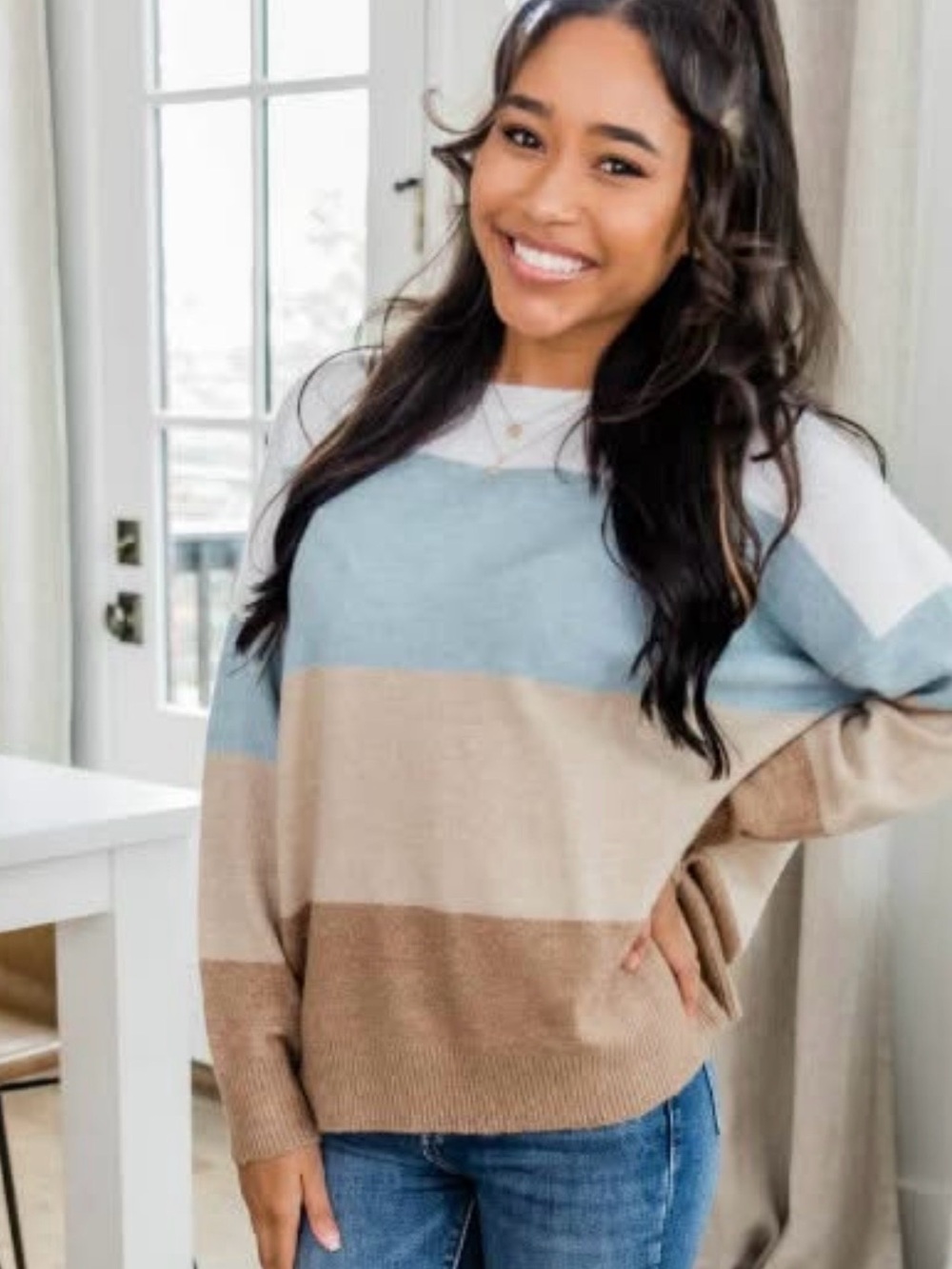 Pink Lily Striped Crewneck Sweater - Blue, Cream & Brown